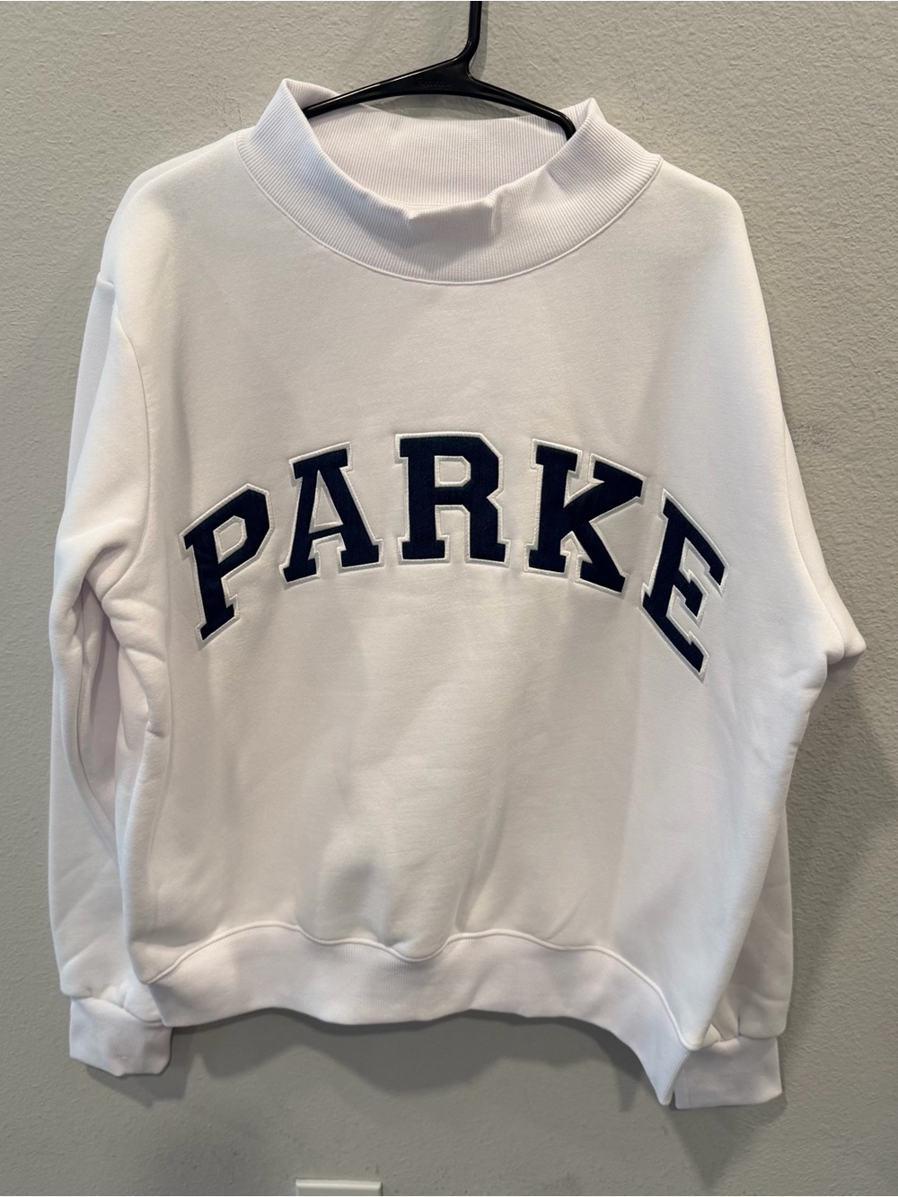 Parker White Crewneck Sweater with Navy Lettering